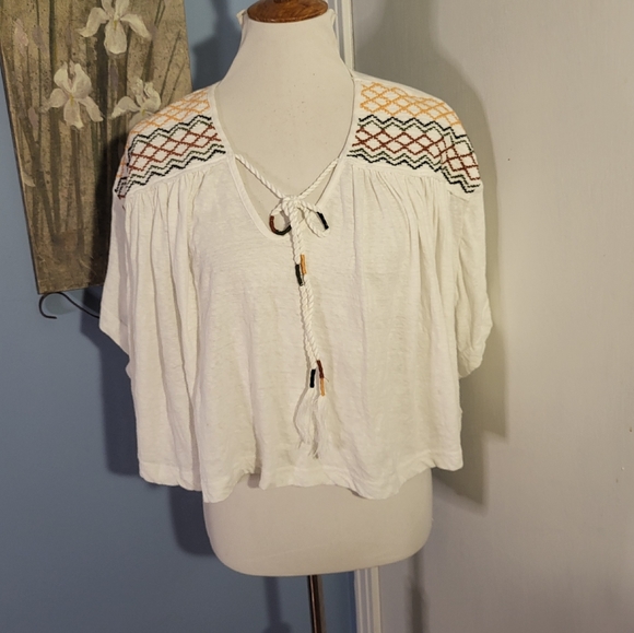 Free People Tops - Free People Oversized Top Crop Swing Hippie Boho White Embroidery Small Smocked